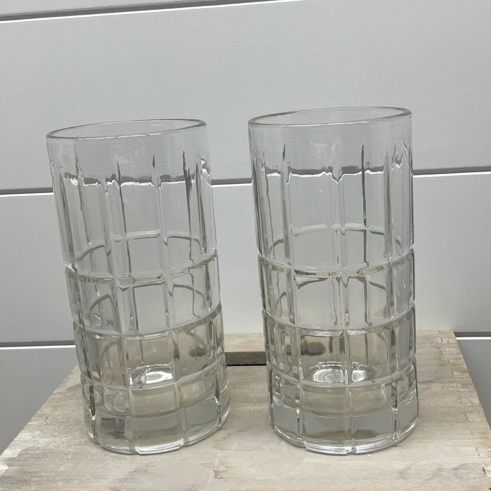 Vintage Set of 2 Clear Grid Pattern Highball Glasses MCM Textured Tumblers 6.5in